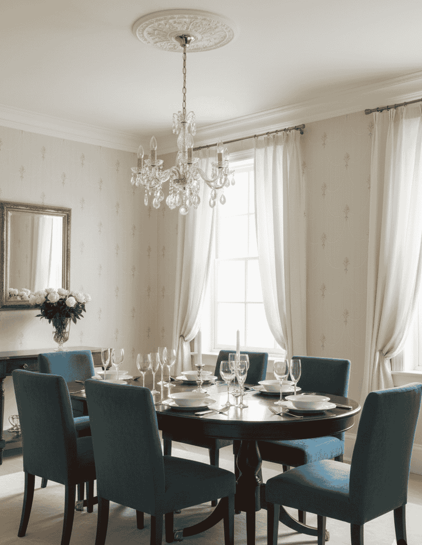 Dining room with a round table and blue chairs, featuring a chandelier and large windows.