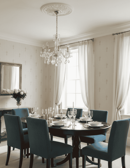 Dining room with a round table and blue chairs, featuring a chandelier and large windows.