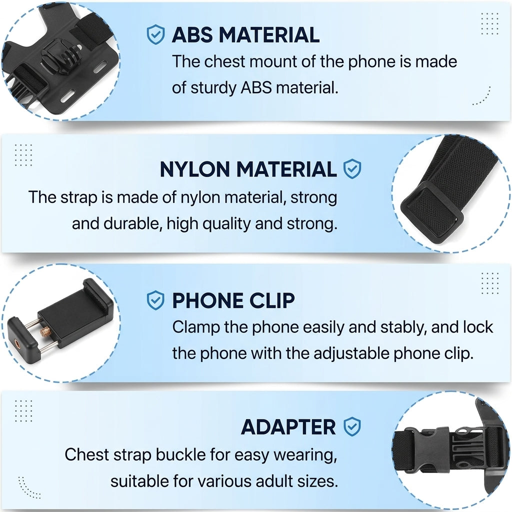 Adjustable Chest Mount Phone & Action Camera Holder – 360° Rotatable Hands-Free Strap