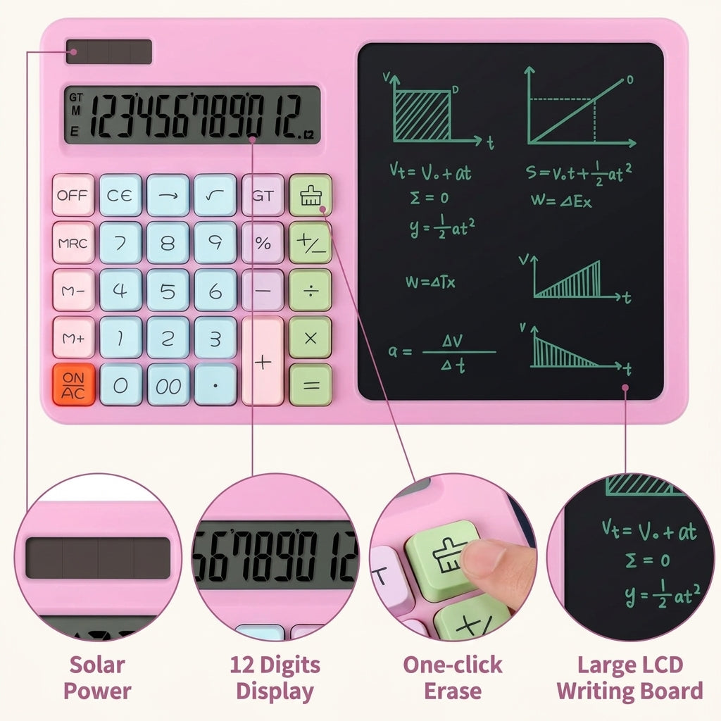 Pink 12-Digit Solar Calculator with LCD Writing Board – One-Click Erase