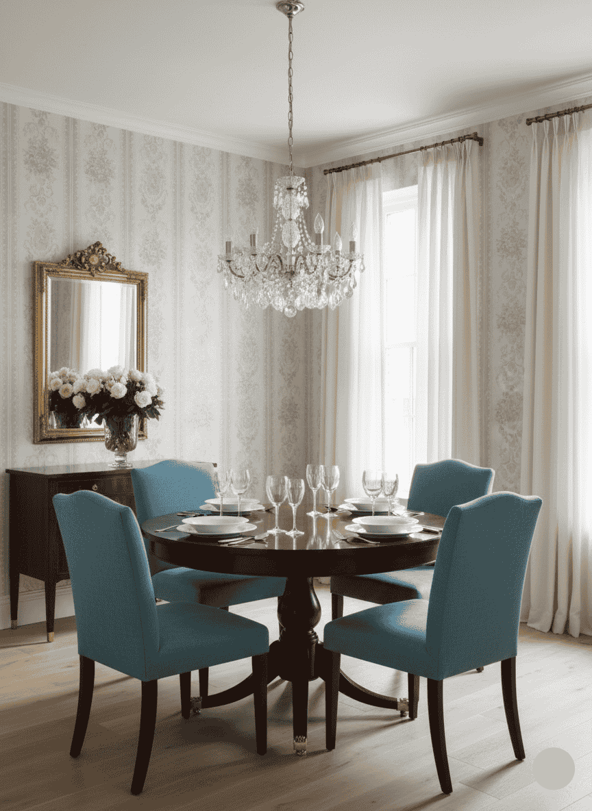 Elegant dining room with round table, blue chairs, and chandelier.