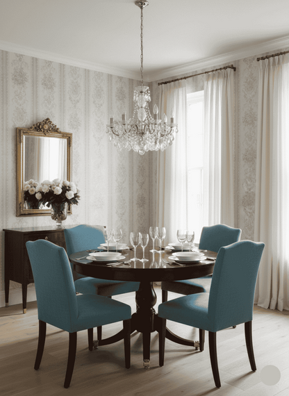 Elegant dining room with round table, blue chairs, and chandelier.