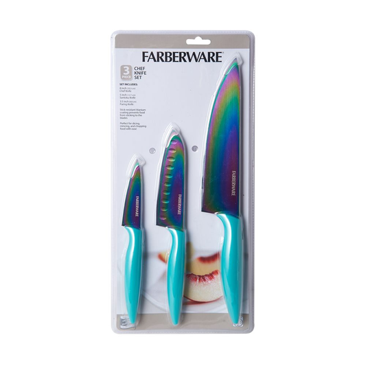 Farberware knife set packaging with three knives on a white background