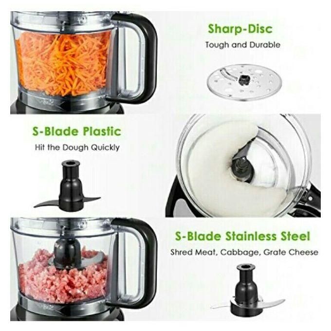 Food processor with different blade options and food items being processed.