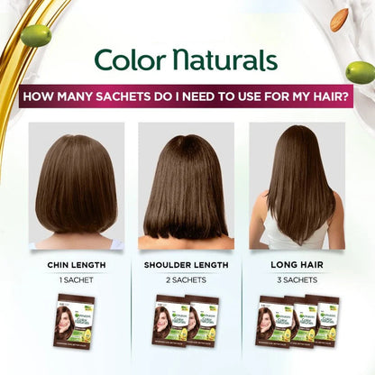 Garnier Color Naturals hair color chart showing different hair lengths and corresponding sachet counts.