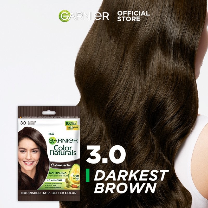 Garnier Color Naturals hair color pack with a model wearing dark brown hair on a white background.