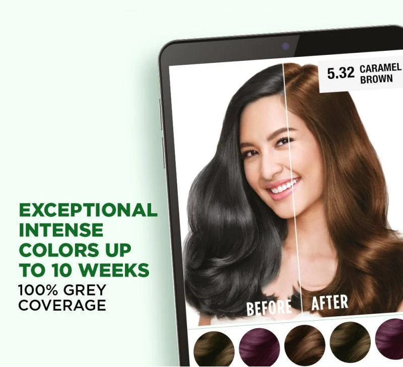 Garnier hair color product display with a woman's hair transformation from black to caramel brown.