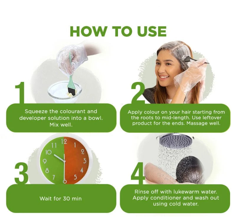 Garnier hair coloration instructions with a woman applying color to her hair.