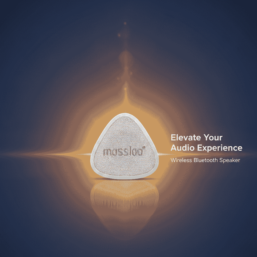 Wireless Bluetooth speaker with 'massloop' branding on a reflective surface with a dark blue background.