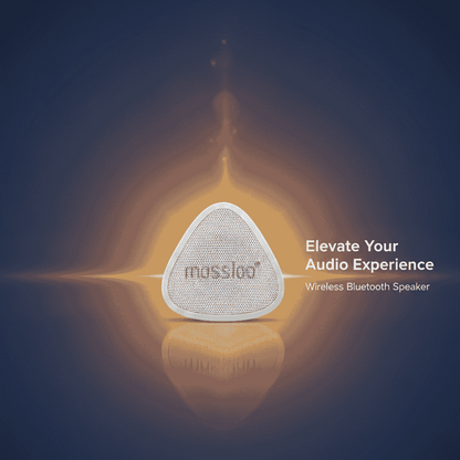 Wireless Bluetooth speaker with 'massloop' branding on a reflective surface with a dark blue background.