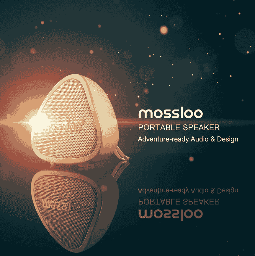 Portable speaker with 'mossloo' branding on a dark background