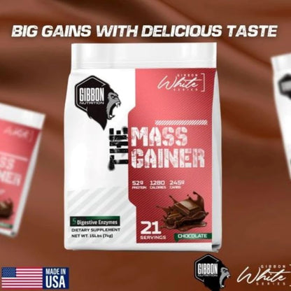Gibbon Nutrition Mass Gainer supplement package on a brown background