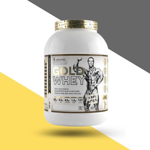 Gold Whey protein powder container with a black and white label featuring a muscular figure on a gray and yellow background.