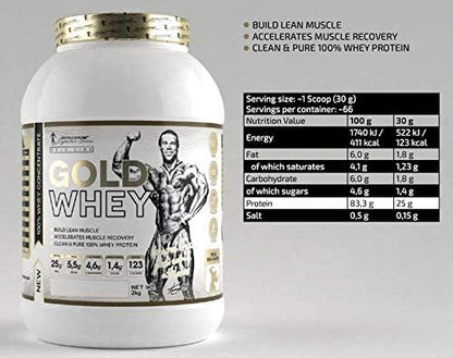 Gold Whey protein supplement container with nutritional information on a white background