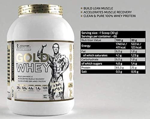 Gold Whey protein supplement container with nutritional information on a white background