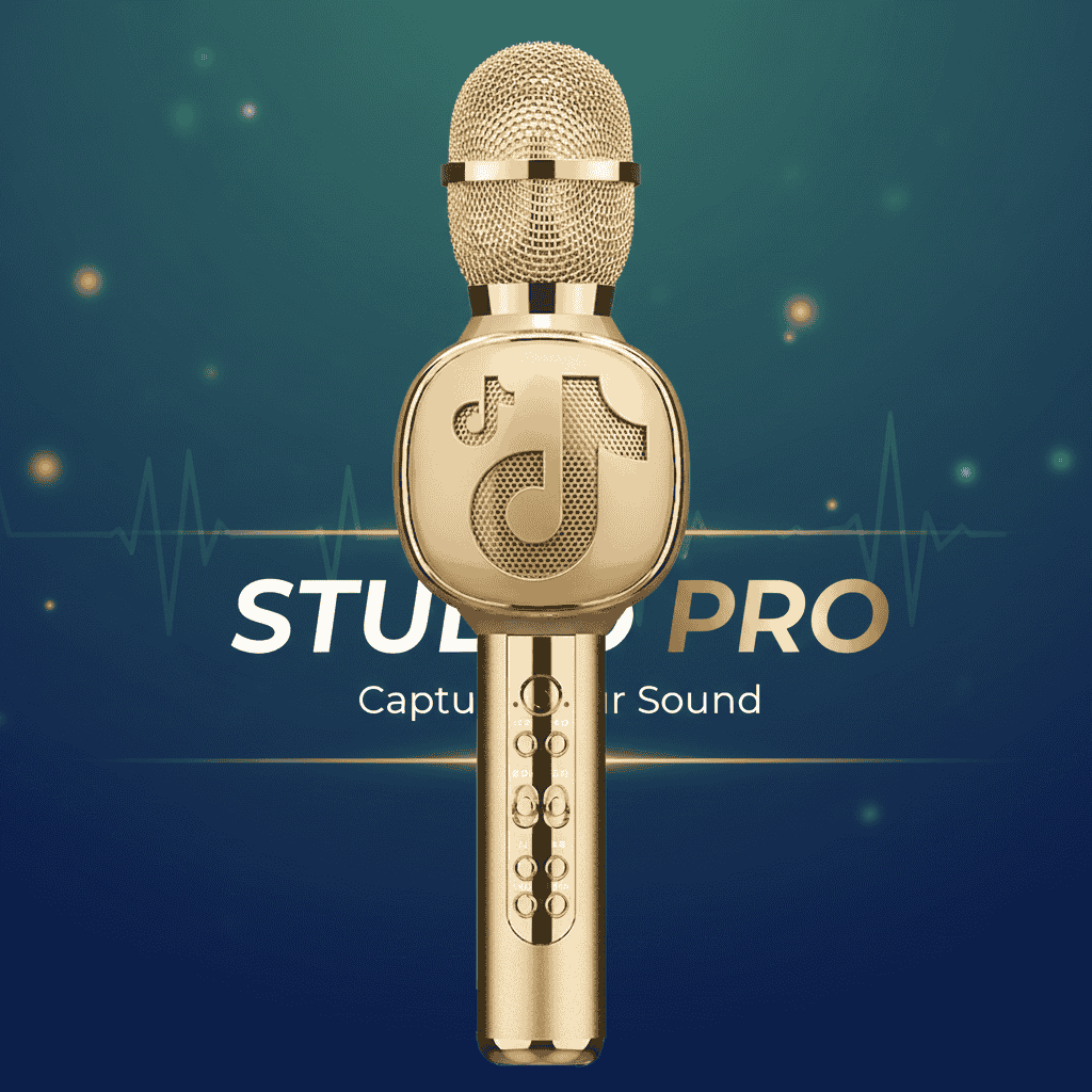 Gold microphone with 'Studio Pro' branding on a blue and green gradient background