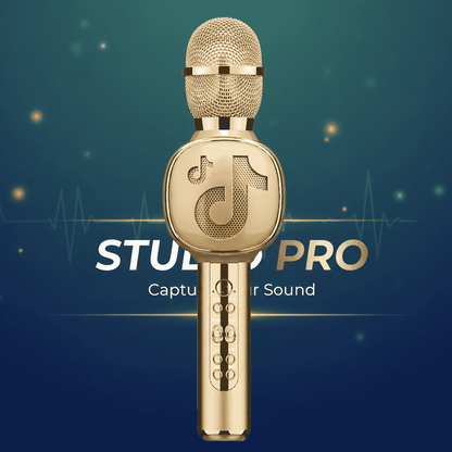 Gold microphone with 'Studio Pro' branding on a blue and green gradient background