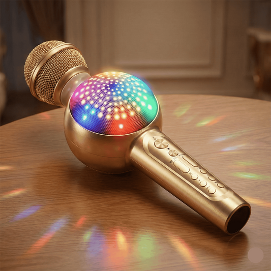 Gold microphone with colorful LED lights on a wooden surface