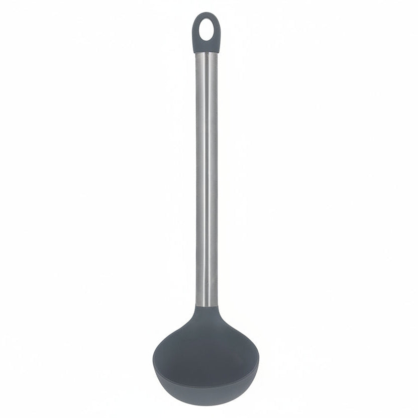 Gray ladle with a metal handle on a white background