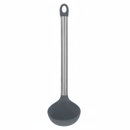 Gray ladle with a metal handle on a white background