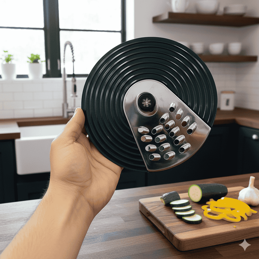 Hand holding a black and silver kitchen tool on a wooden cutting board with vegetables in a kitchen setting.