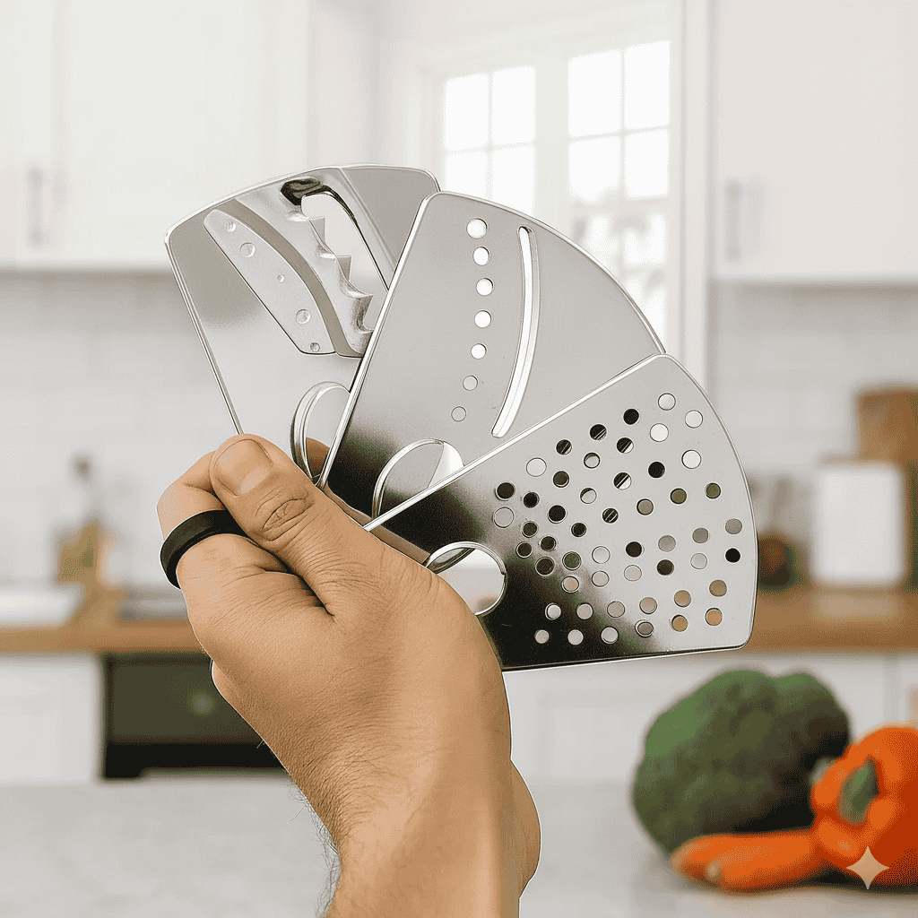 Hand holding a metal vegetable peeler with a kitchen background