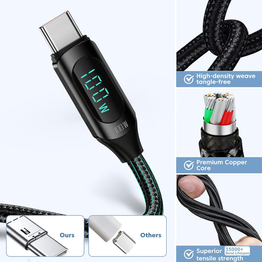 High-quality charging cable with digital display and detailed specifications on a white background
