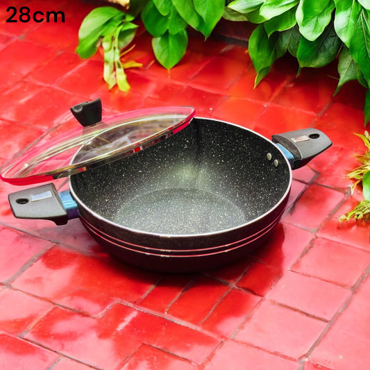 28 cm Marble Coated Round Wok (Karahi) with Glass Lid