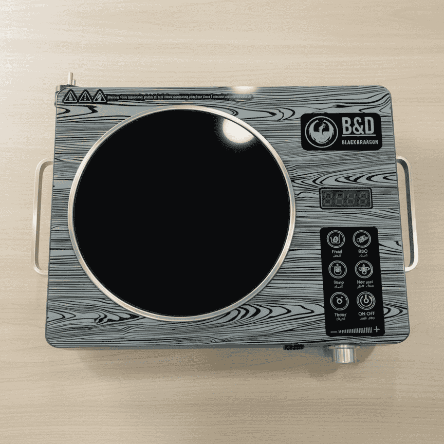 Induction cooktop with wooden finish and B&D branding
