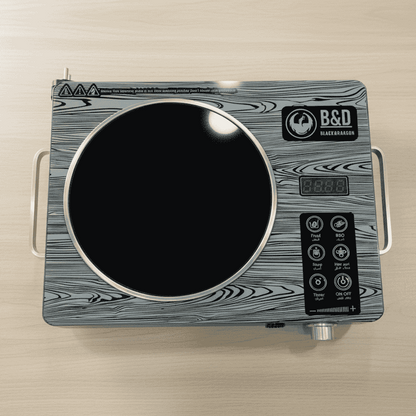 Induction cooktop with wooden finish and B&D branding