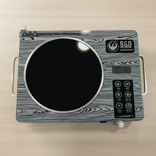 Induction cooktop with wooden finish and B&D branding