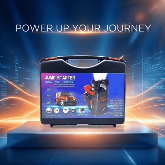 Jump starter on a platform with a futuristic background and text 'Power Up Your Journey'.