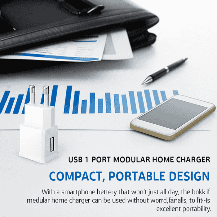 USB 1 port modular home charger with smartphone and office items on a desk