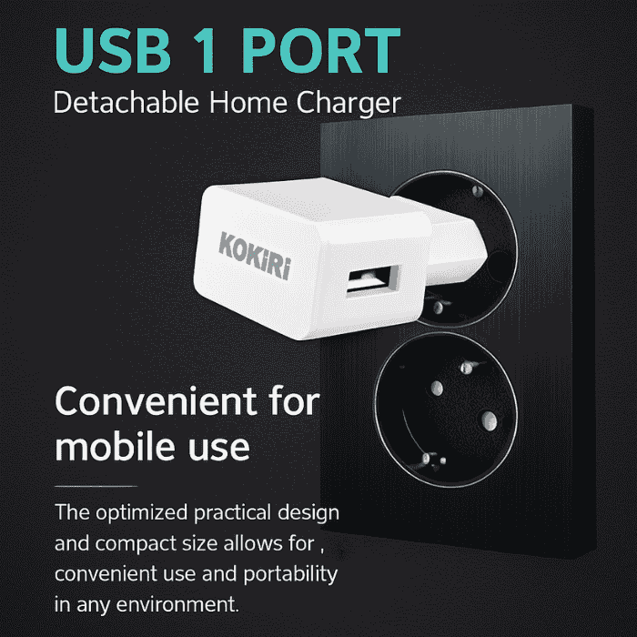 White USB 1 port detachable home charger with KOKIRI branding against a black background.