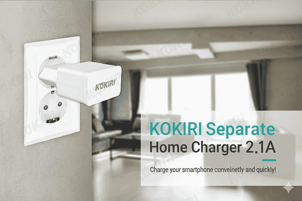 KOKIRI Separate Home Charger 2.1A plugged into a wall socket with a blurred room background.
