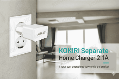KOKIRI Separate Home Charger 2.1A plugged into a wall socket with a blurred room background.