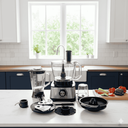 Kitchen appliances including a blender and food processor on a kitchen counter with a window in the background.