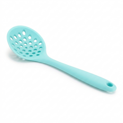Light blue silicone spoon with holes on a white background