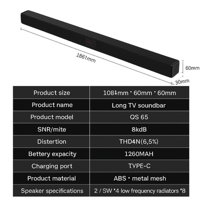 Long TV soundbar with dimensions and specifications on a white background