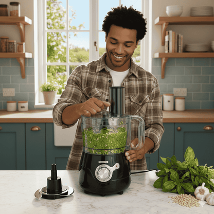 Man using a food processor in a kitchen with greenery and kitchenware around