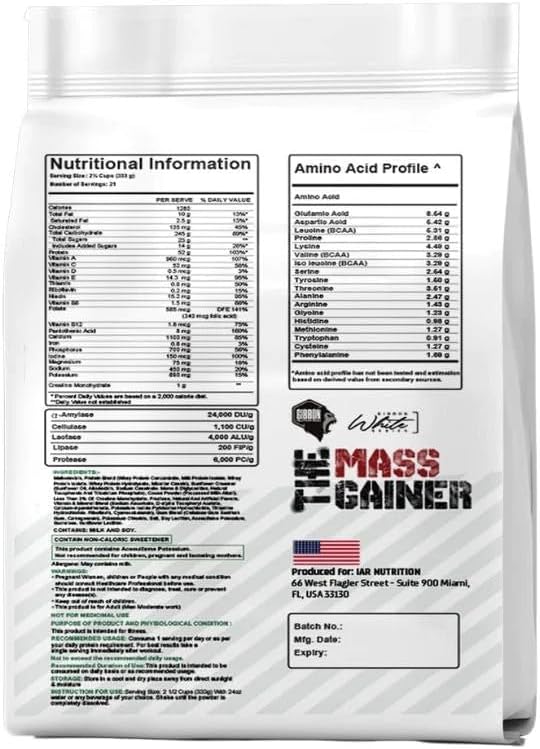 Mass Gainer supplement package with nutritional information and amino acid profile on a white background