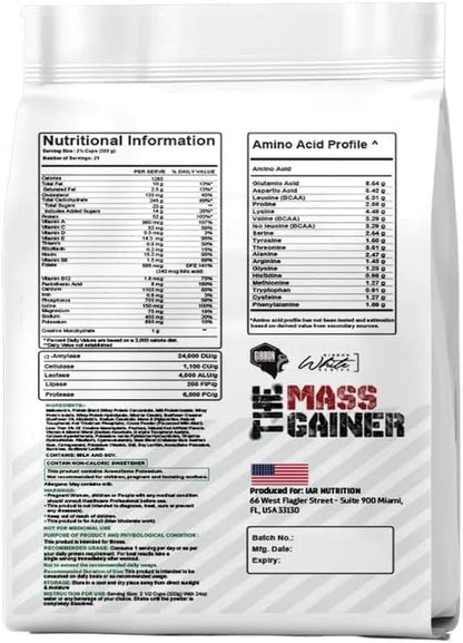Mass Gainer supplement package with nutritional information and amino acid profile on a white background
