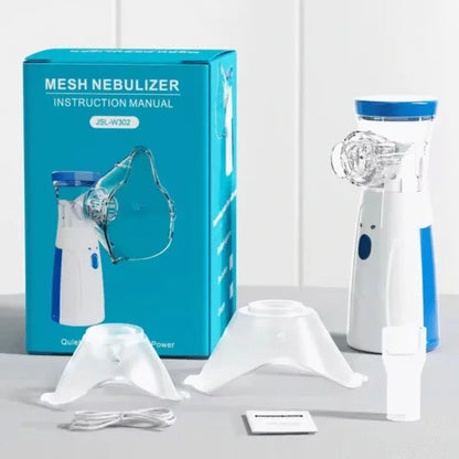 Mesh Nebulizer with packaging and accessories on a light gray background