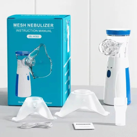 Mesh Nebulizer with packaging and accessories on a light gray background