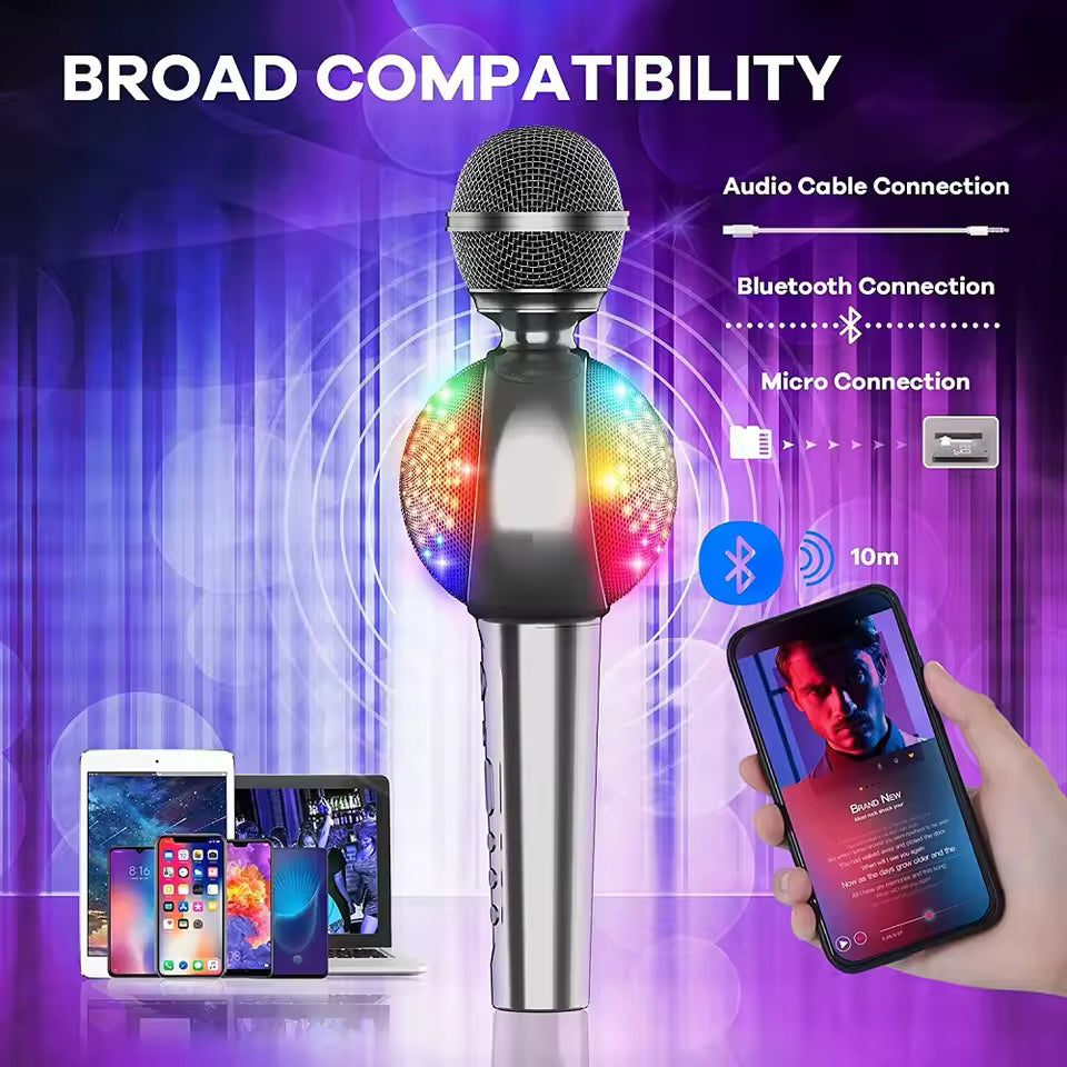 Microphone with colorful disco ball attachment and smartphone app on a purple background