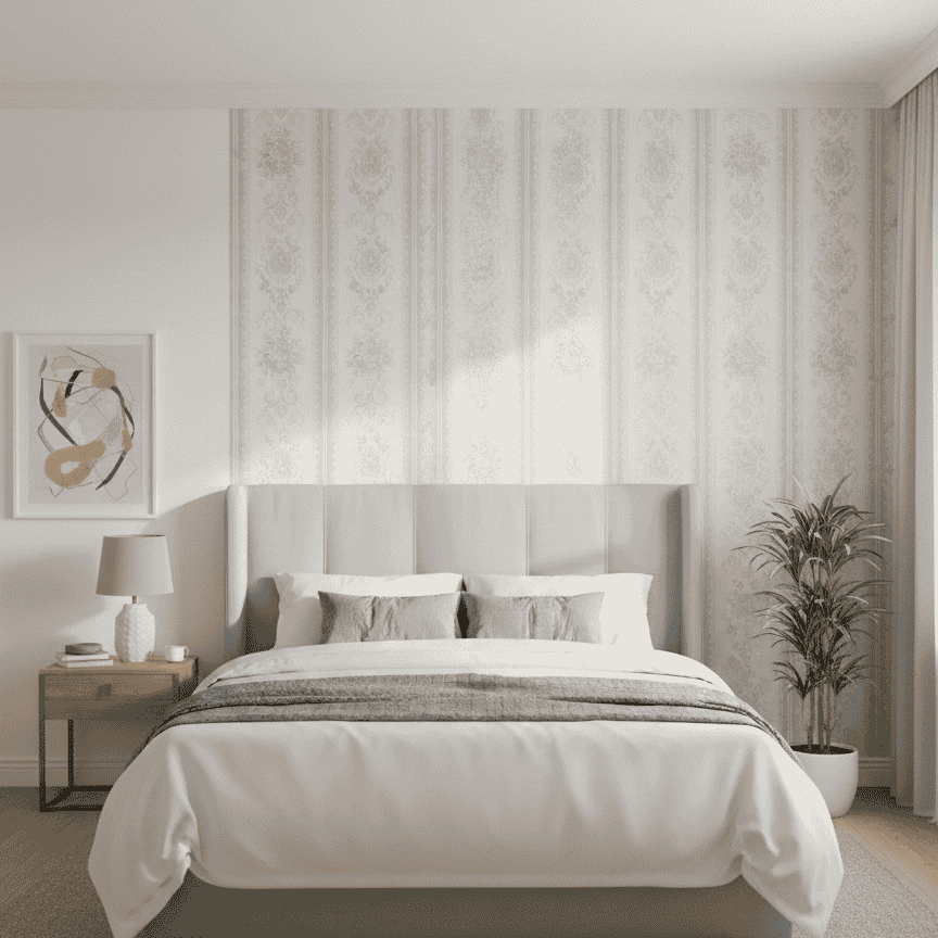 Modern bedroom with a gray upholstered bed, nightstands, and decorative elements.