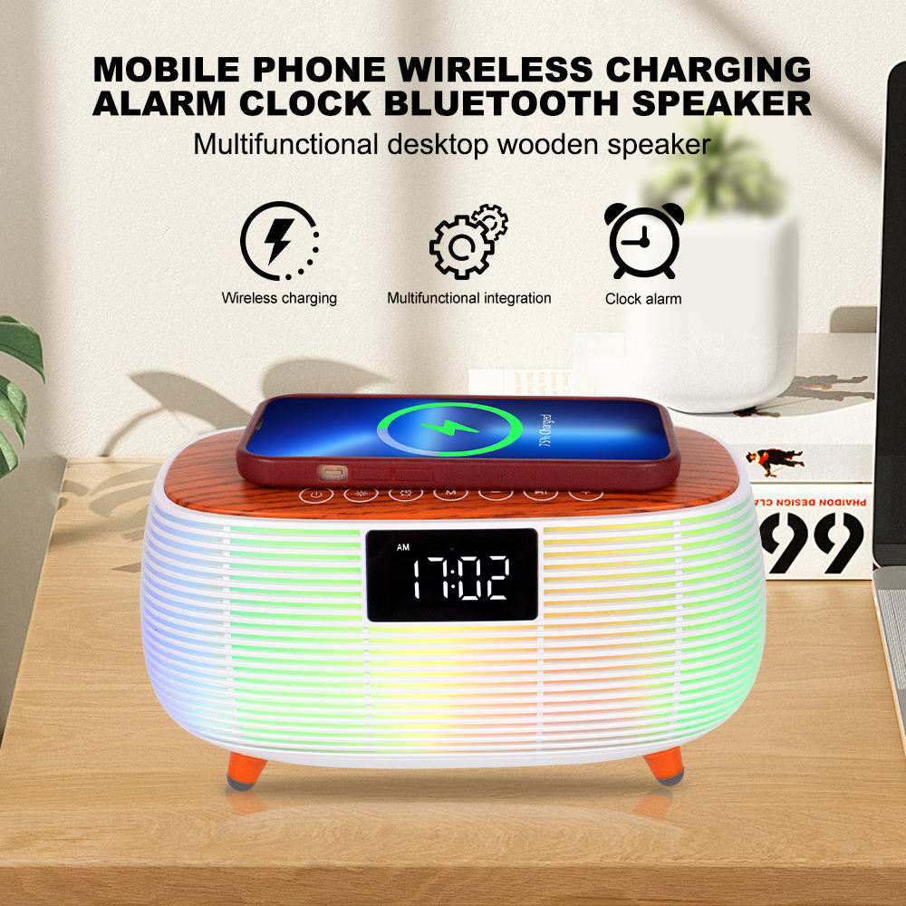 Multifunctional desktop wooden speaker with wireless charging, clock, and Bluetooth connectivity on a table.