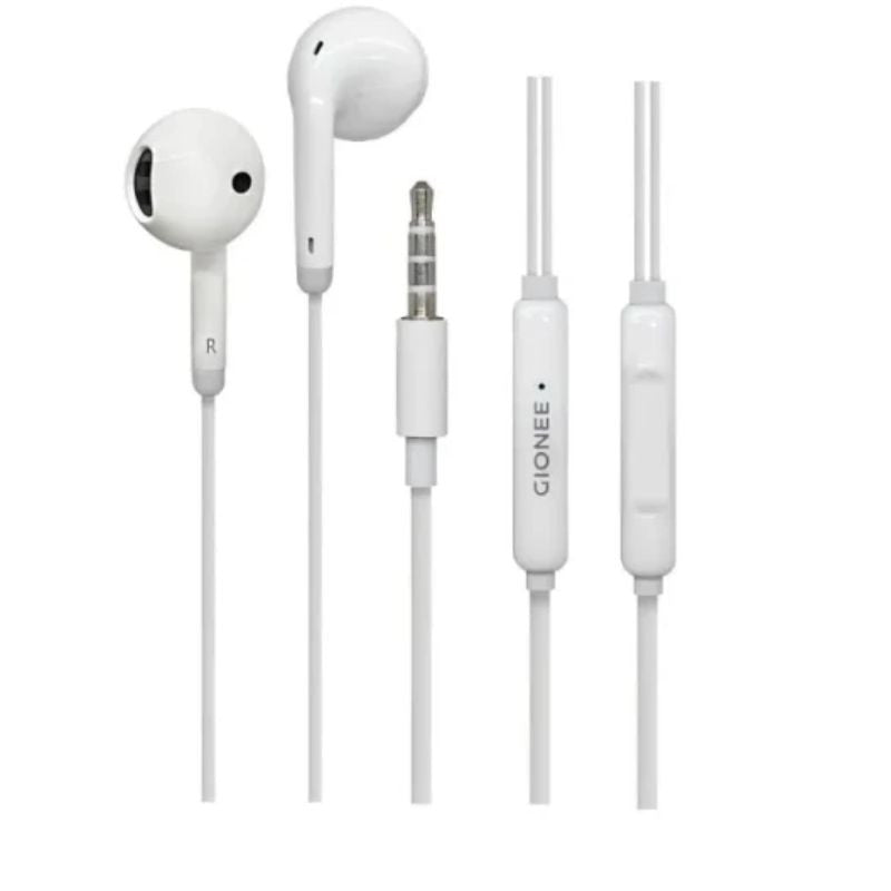 Pair of white earphones with a control unit on a white background