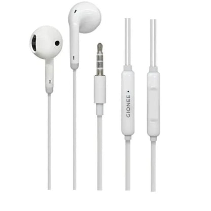 Pair of white earphones with a control unit on a white background