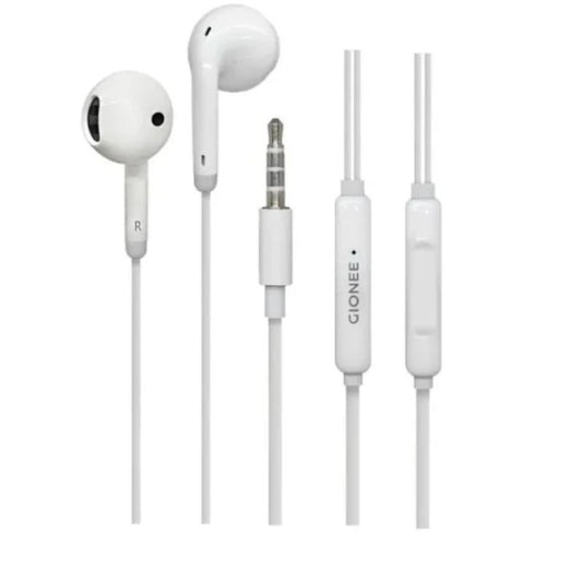 Pair of white earphones with a control unit on a white background